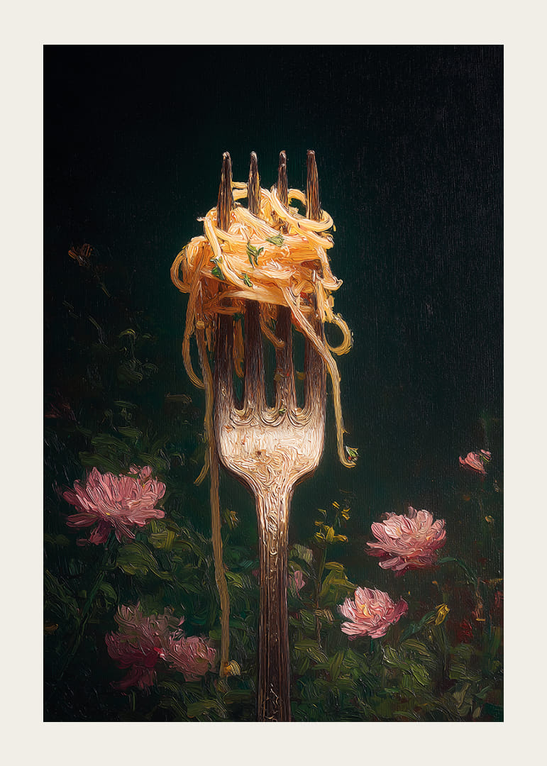 En gaffel bærer delikat pasta omgivet af blomster.-12