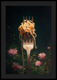 En gaffel bærer delikat pasta omgivet af blomster.-4