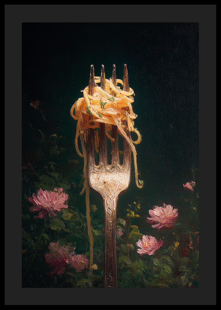 En gaffel bærer delikat pasta omgivet af blomster.-12