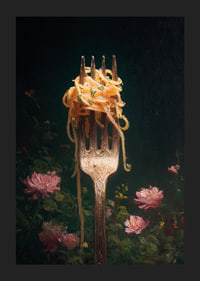 A fork carries delicate pasta surrounded by flowers.-5