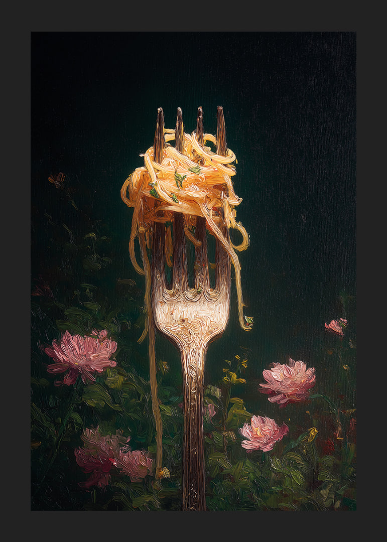 A fork carries delicate pasta surrounded by flowers.-12