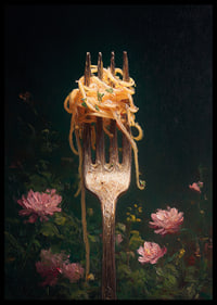A fork carries delicate pasta surrounded by flowers.-6