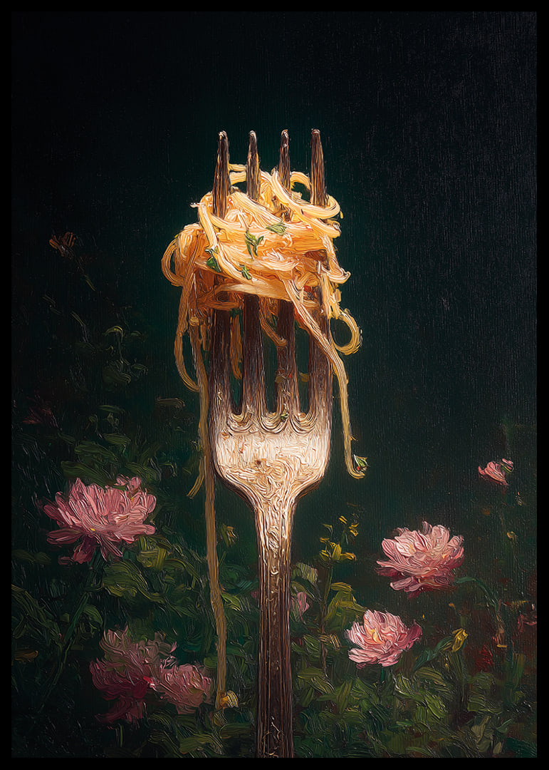 A fork carries delicate pasta surrounded by flowers.-12