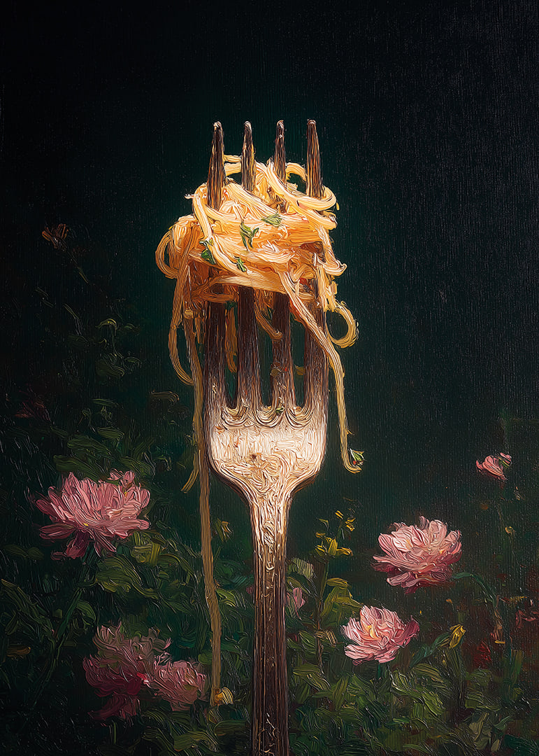 A fork carries delicate pasta surrounded by flowers.-12