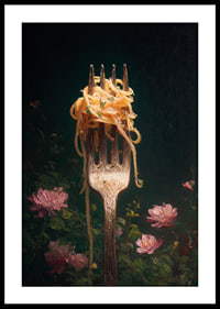 A fork carries delicate pasta surrounded by flowers.-0