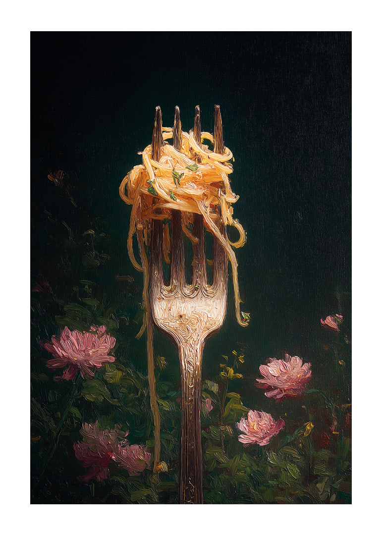 A fork carries delicate pasta surrounded by flowers.-12