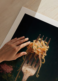 A fork carries delicate pasta surrounded by flowers.-9