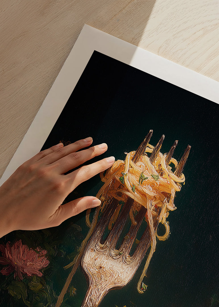 A fork carries delicate pasta surrounded by flowers.-12