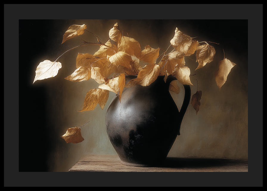 Le foglie dorate riposano pacificamente in un vaso scuro.-12