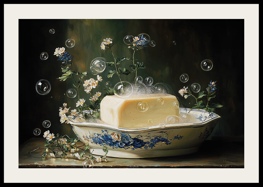 De délicates bulles entourent un savon orné de fleurs.-12