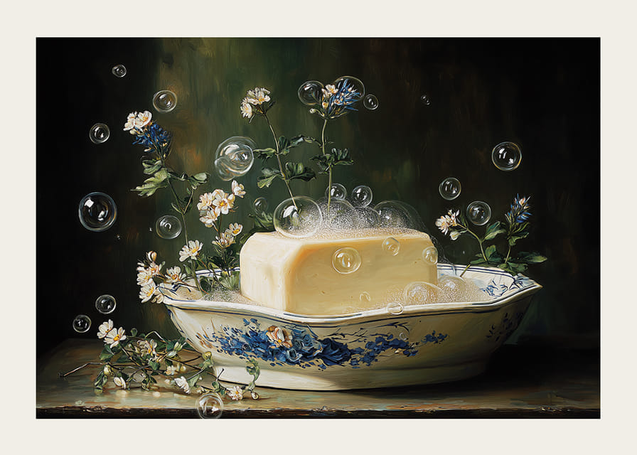 De délicates bulles entourent un savon orné de fleurs.-12