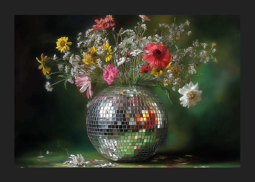 Bloemen in een spiegelvaas die magie en elegantie verspreiden.-12