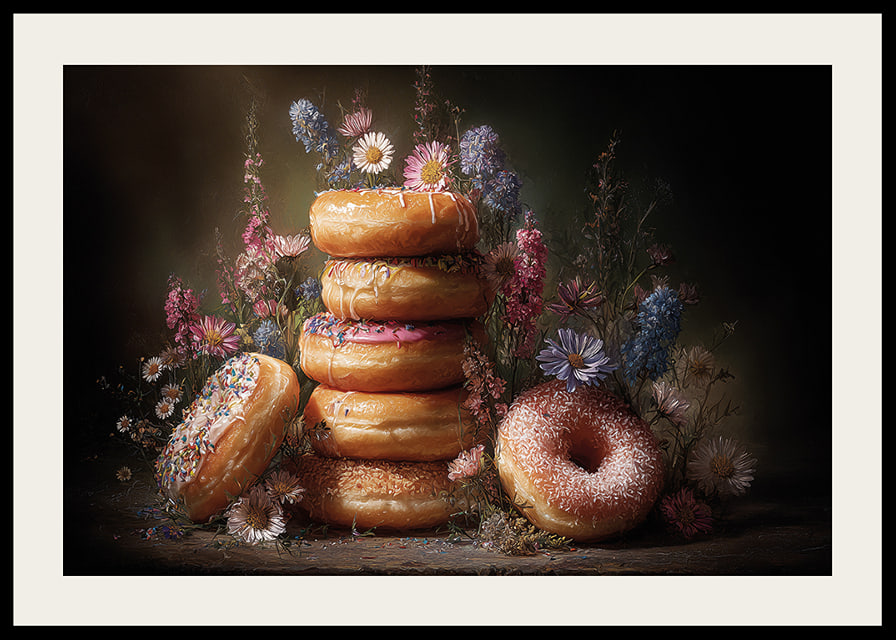 En drömsk kombination av blommor och färgglada donuts.-12