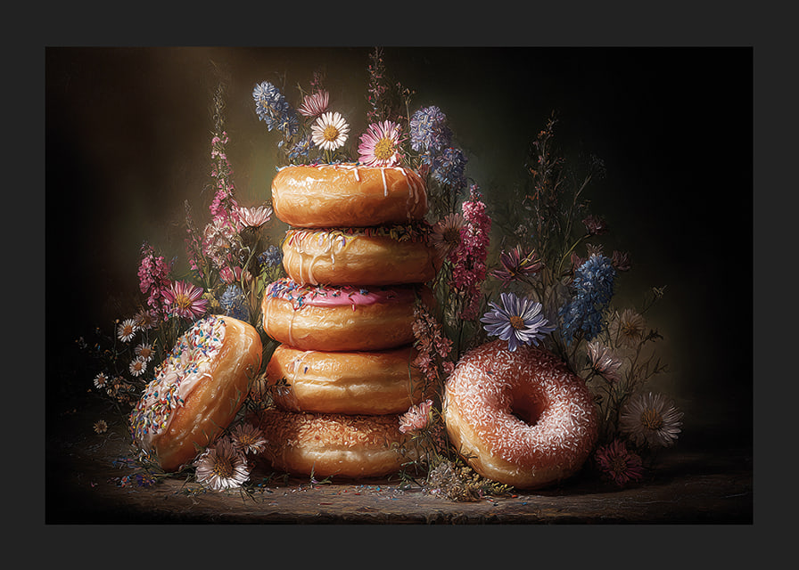 En drömsk kombination av blommor och färgglada donuts.-12
