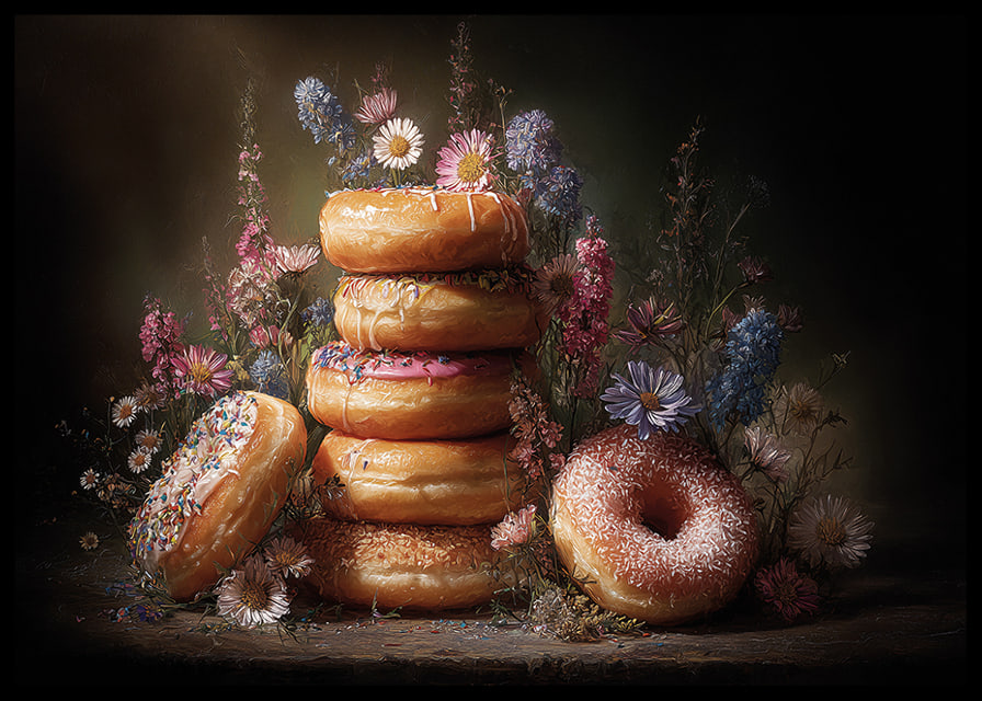 En drömsk kombination av blommor och färgglada donuts.-12