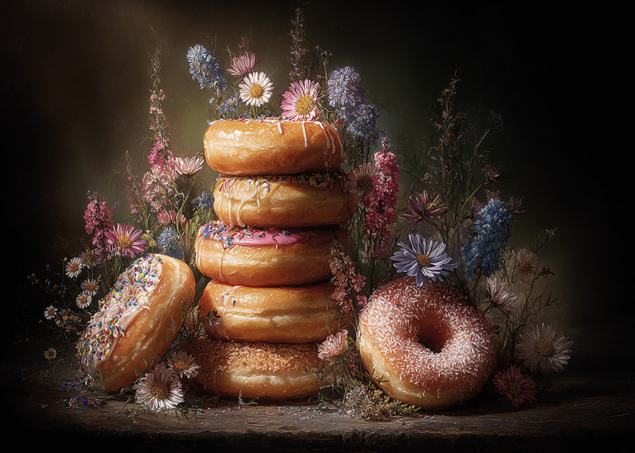 En drömsk kombination av blommor och färgglada donuts.-12