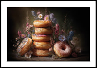 En drömsk kombination av blommor och färgglada donuts.-0