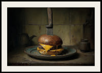 Een smaakexplosie van een cheeseburger en veel details in een rustieke keuken.-2