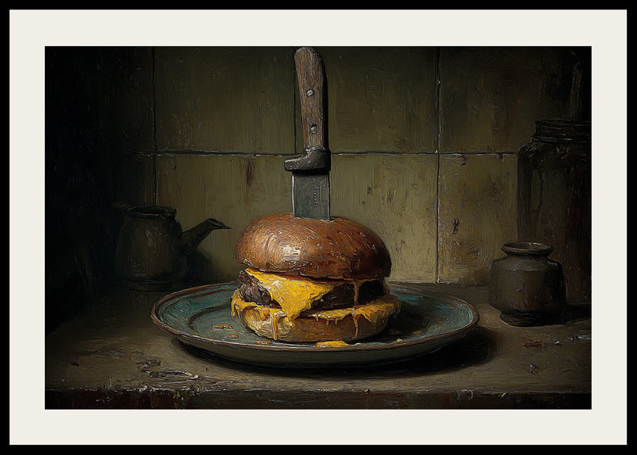 Een smaakexplosie van een cheeseburger en veel details in een rustieke keuken.-12