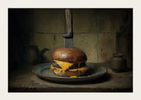 Een smaakexplosie van een cheeseburger en veel details in een rustieke keuken.-3