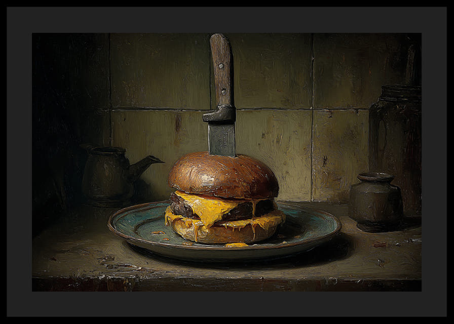 Een smaakexplosie van een cheeseburger en veel details in een rustieke keuken.-12