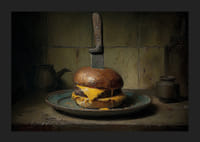 Een smaakexplosie van een cheeseburger en veel details in een rustieke keuken.-5