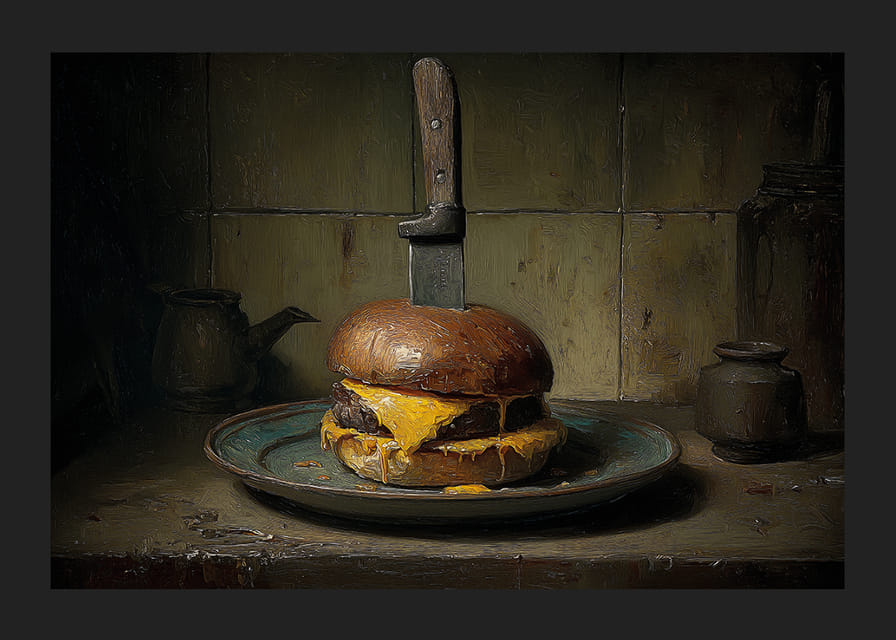 Een smaakexplosie van een cheeseburger en veel details in een rustieke keuken.-12