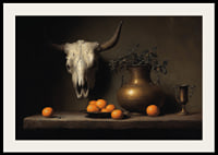 Dark and mysterious still life with oranges and horns.-2