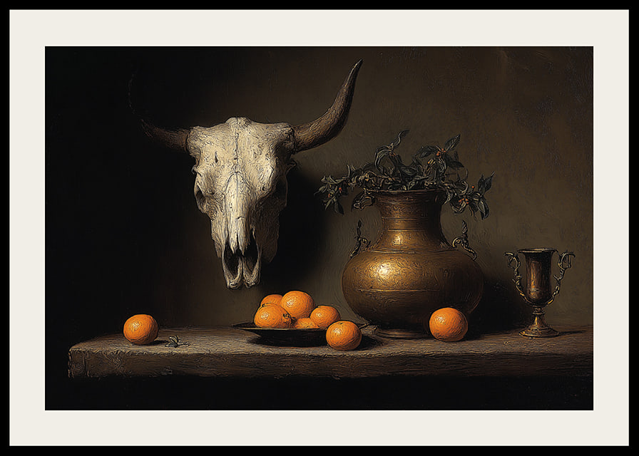 Dark and mysterious still life with oranges and horns.-12