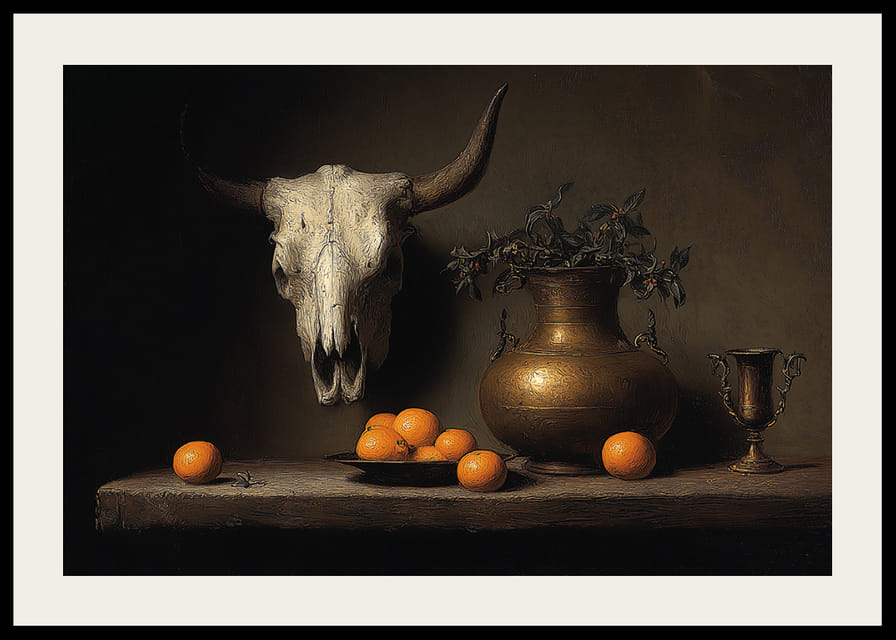 Nature morte sombre et mystérieuse avec des oranges et des cornes.-12