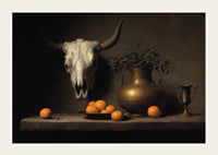 Dark and mysterious still life with oranges and horns.-3