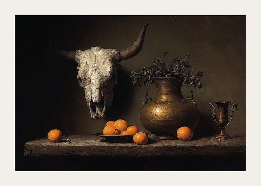 Nature morte sombre et mystérieuse avec des oranges et des cornes.-12