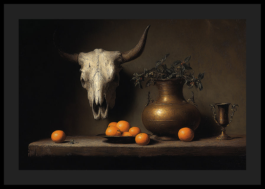 Dark and mysterious still life with oranges and horns.-12