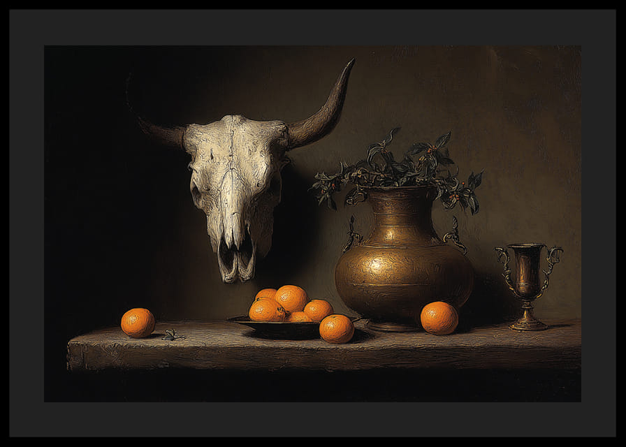 Nature morte sombre et mystérieuse avec des oranges et des cornes.-12