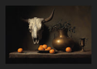 Dark and mysterious still life with oranges and horns.-5