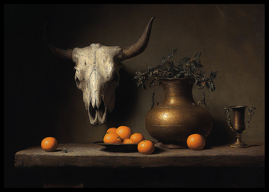 Dark and mysterious still life with oranges and horns.-12