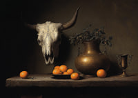 Dark and mysterious still life with oranges and horns.-7