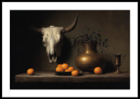 Dark and mysterious still life with oranges and horns.-0