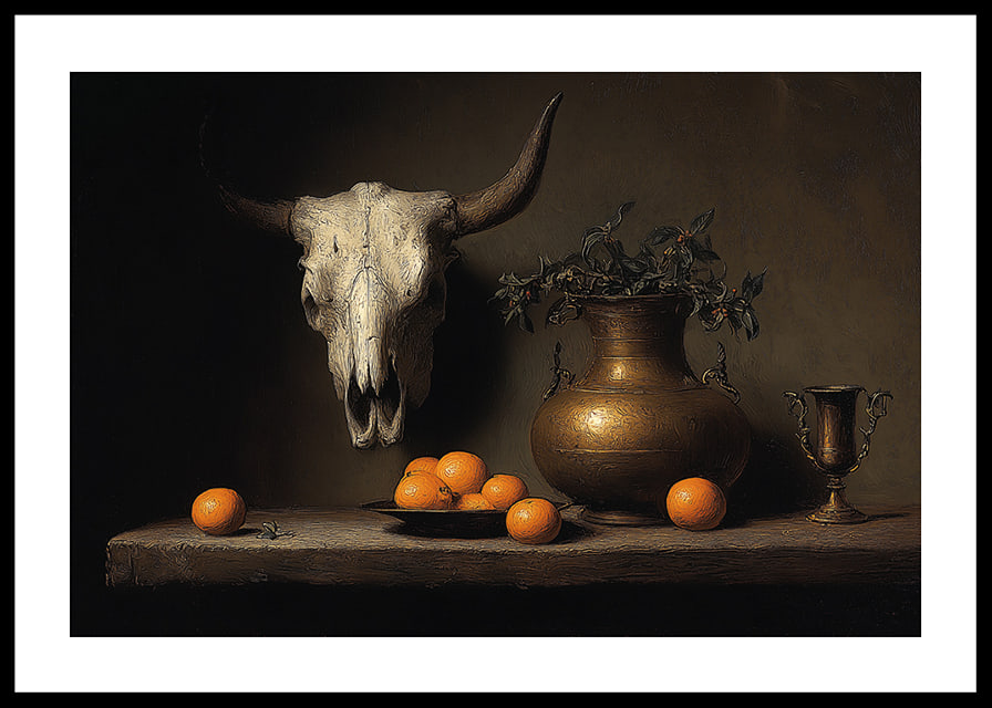 Dark and mysterious still life with oranges and horns.-12