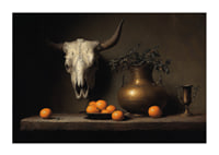 Dark and mysterious still life with oranges and horns.-1