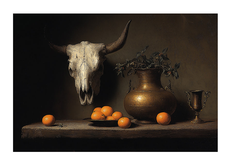 Dark and mysterious still life with oranges and horns.-12