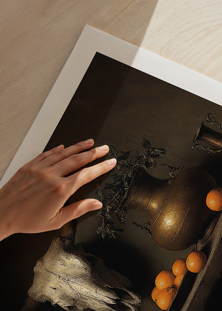 Dark and mysterious still life with oranges and horns.-12