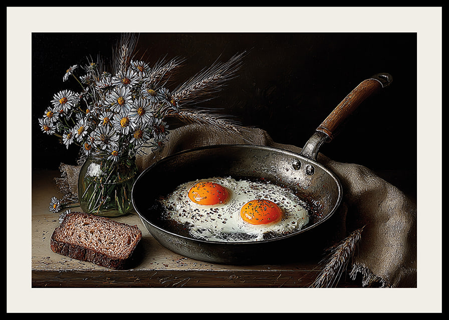 A rural still life with flowers, bread and fried eggs.-12