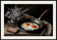 Une nature morte rurale avec des fleurs, du pain et des œufs au plat.-2