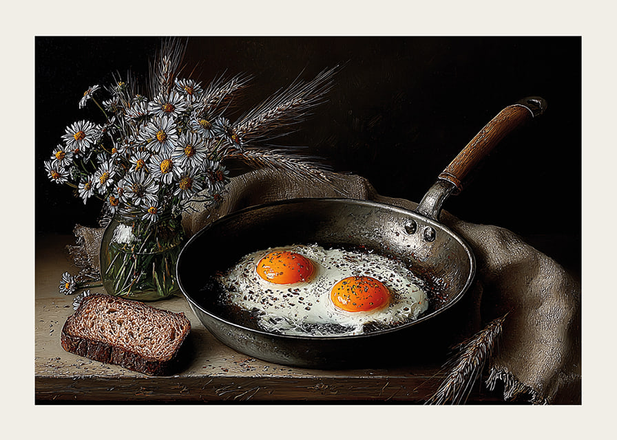 A rural still life with flowers, bread and fried eggs.-12