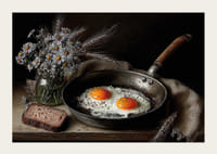 Une nature morte rurale avec des fleurs, du pain et des œufs au plat.-3