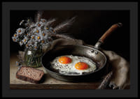 Une nature morte rurale avec des fleurs, du pain et des œufs au plat.-4