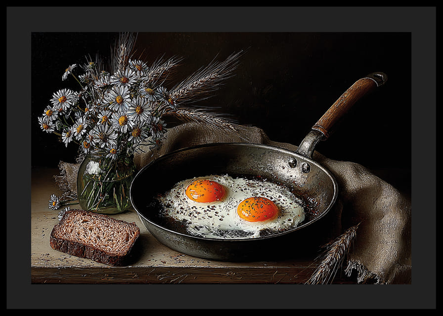 Une nature morte rurale avec des fleurs, du pain et des œufs au plat.-12