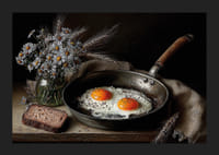 Une nature morte rurale avec des fleurs, du pain et des œufs au plat.-5