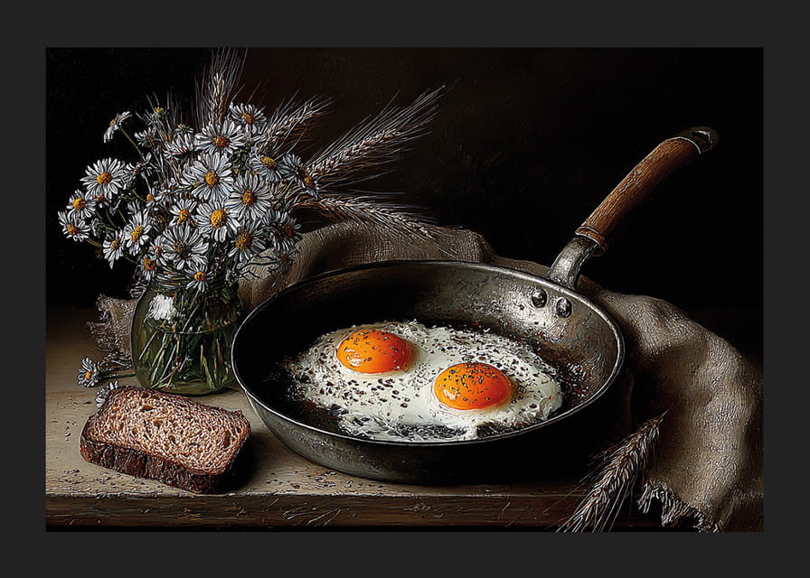 Une nature morte rurale avec des fleurs, du pain et des œufs au plat.-12